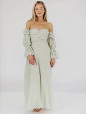 NWOT Worth collective Off-Shoulder Light Sage Maxi Dress with Ruched Bodice